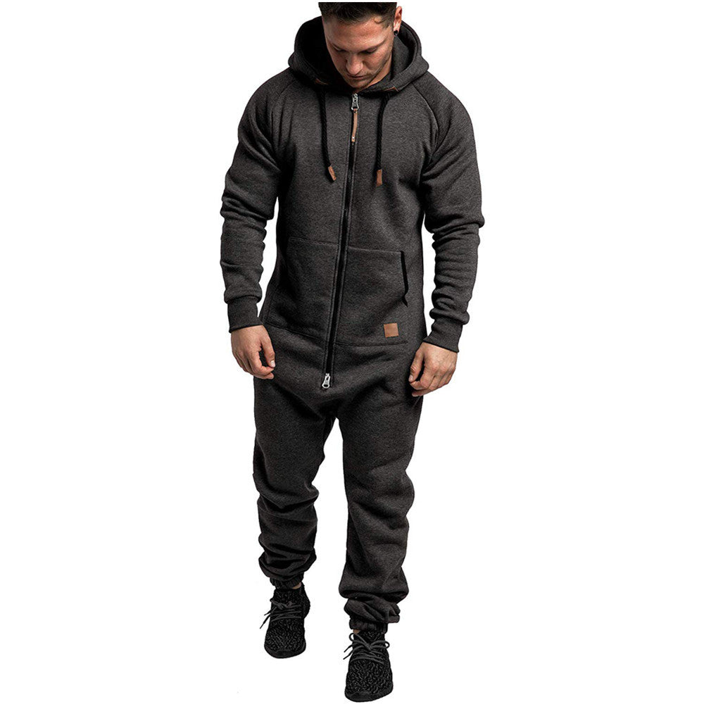 Men's Hooded Fleece Jumpsuit Solid Color Colorblock Casual Suit