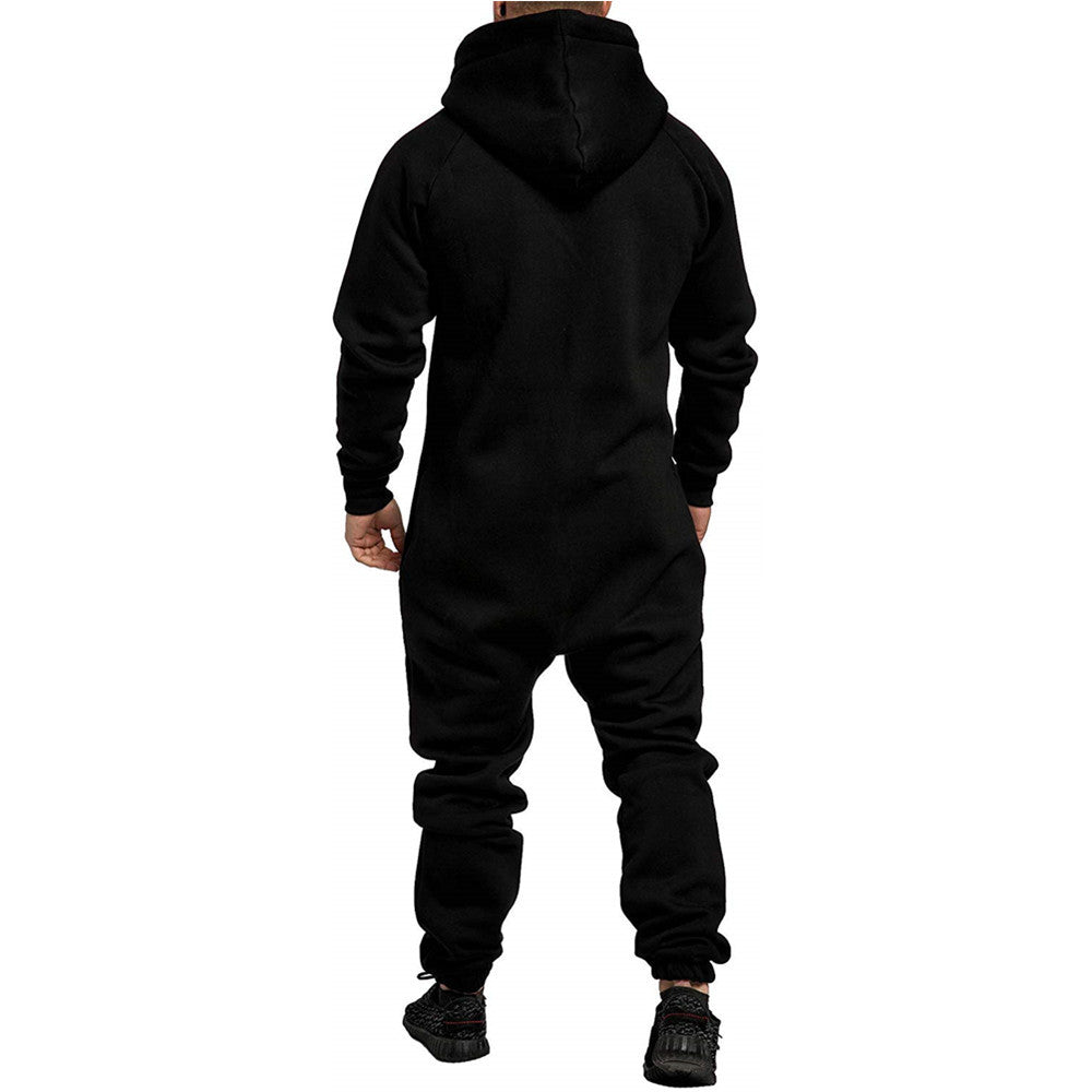 Men's Hooded Fleece Jumpsuit Solid Color Colorblock Casual Suit – okangder