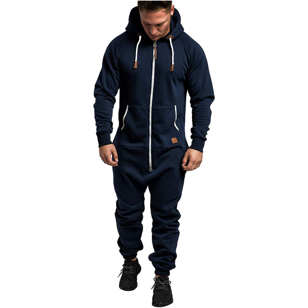 Men's Hooded Fleece Jumpsuit Solid Color Colorblock Casual Suit