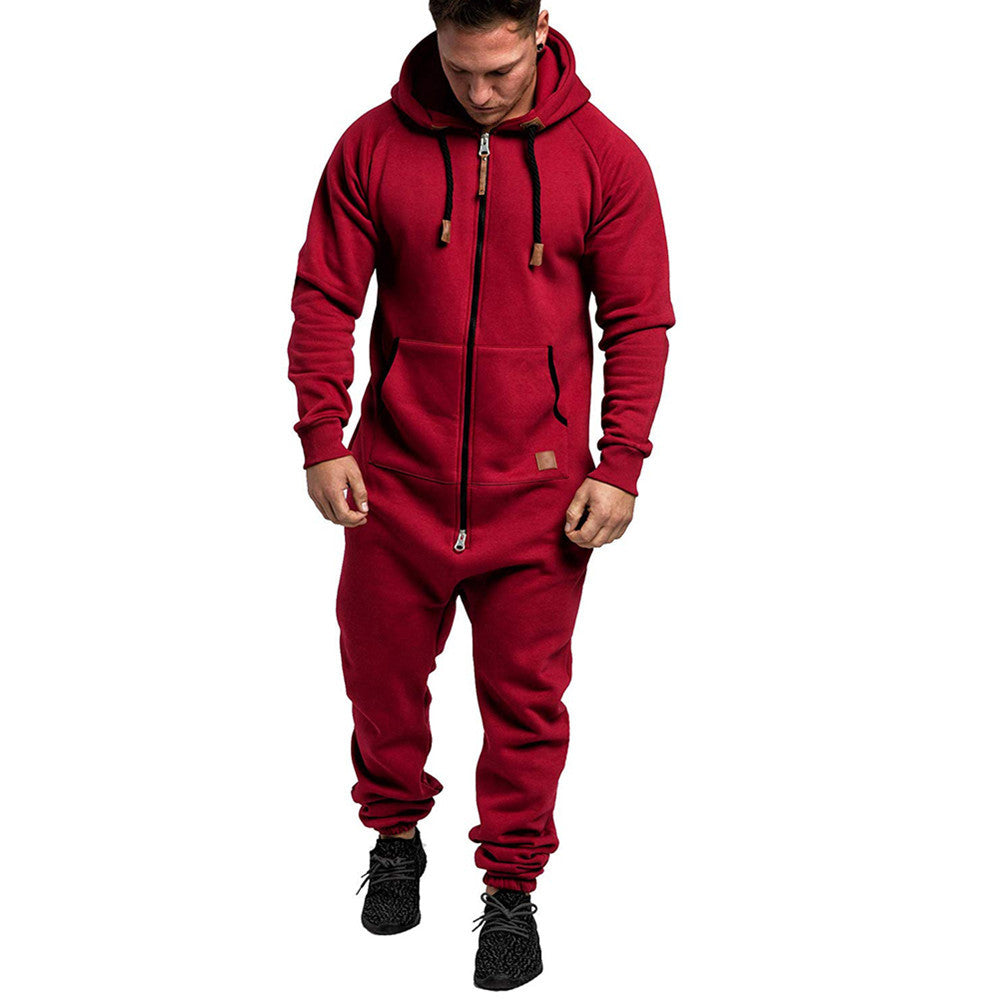 Men's Hooded Fleece Jumpsuit Solid Color Colorblock Casual Suit